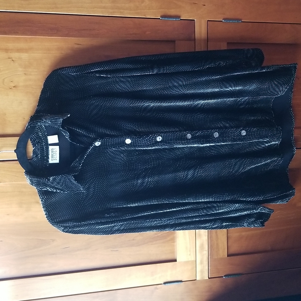 Chico's rayon and silk burnt-out velvet blouse in gold and black, Size 1